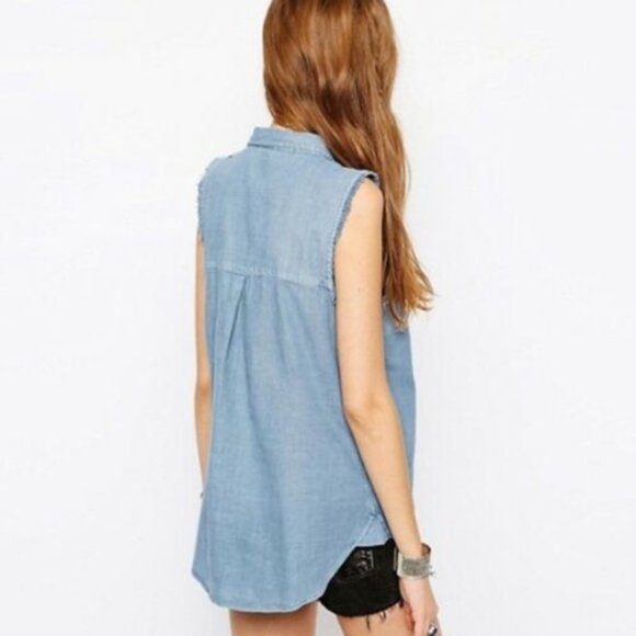 Free People Sleeveless Denim Button Frayed H11054 - Picture 9 of 9
